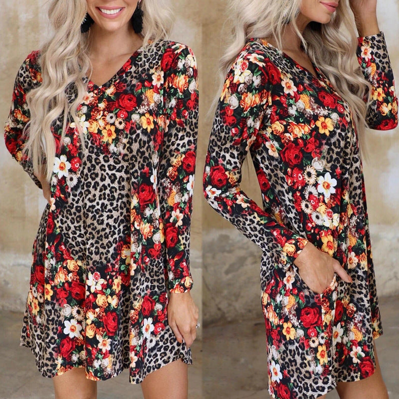 Leopard Print Contrast Print Long-Sleeved Dress