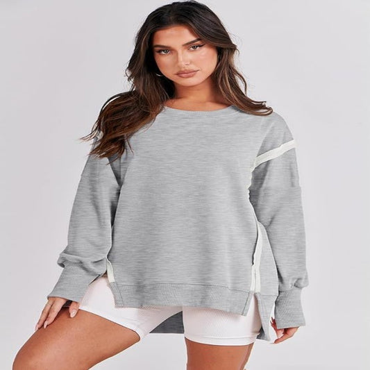 Round Neck Long Sleeve Top Female Frayed Hem Split Patchwork Sweater