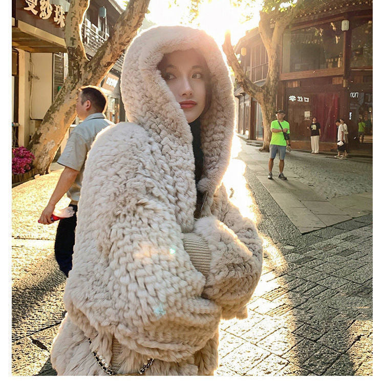 New Style Otter Rabbit Hair Woven Women's Cashmere Coat