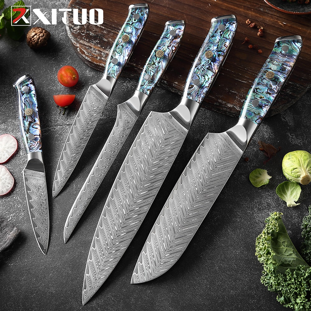 XITUO Damascus Steel knife Set Kitchen Cooking Tools Chef Knife Japanese Santoku Knives Boning knife Exquisite Shell Handle