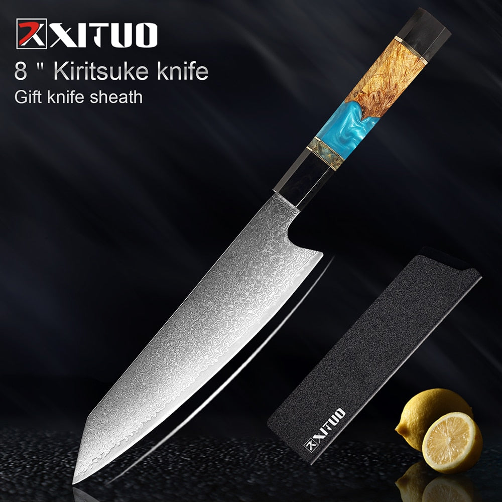 XITUO Damascus Stainless Steel Kitchen Knives Set High Quality Chef Knife Cleaver Paring Knife Stable wood&resin&horn Handle