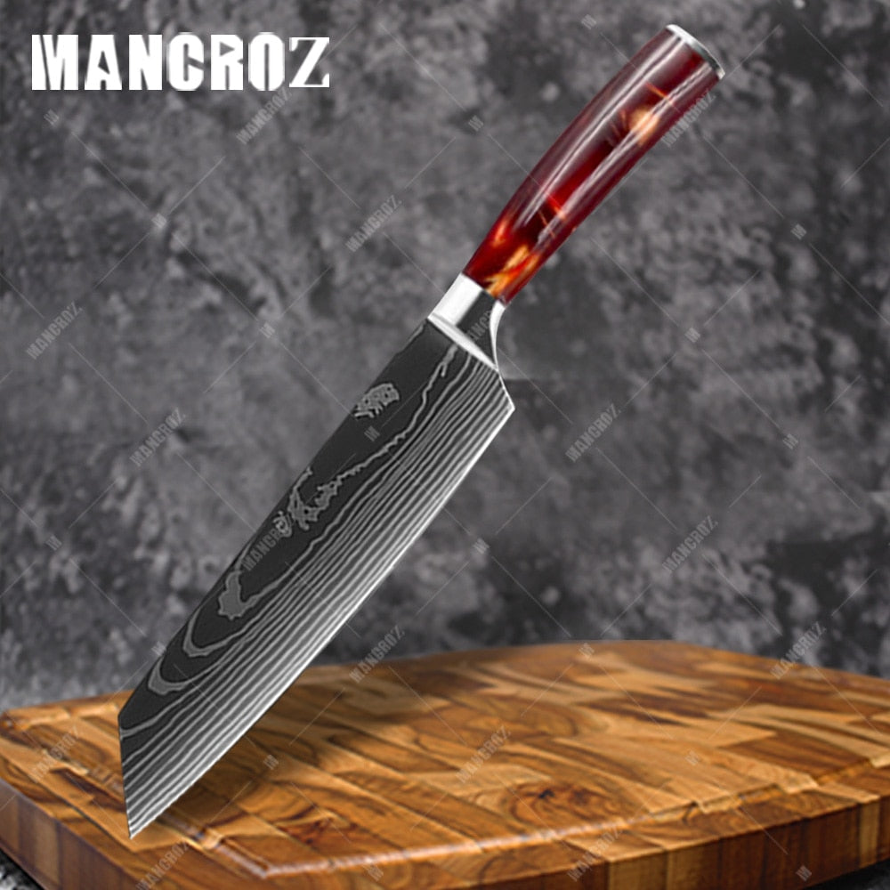 Utility Kitchen Knives Set Resin Handle Laser Damascus Pattern Chef Knife Sharp Santoku Cleaver Slicing Knives