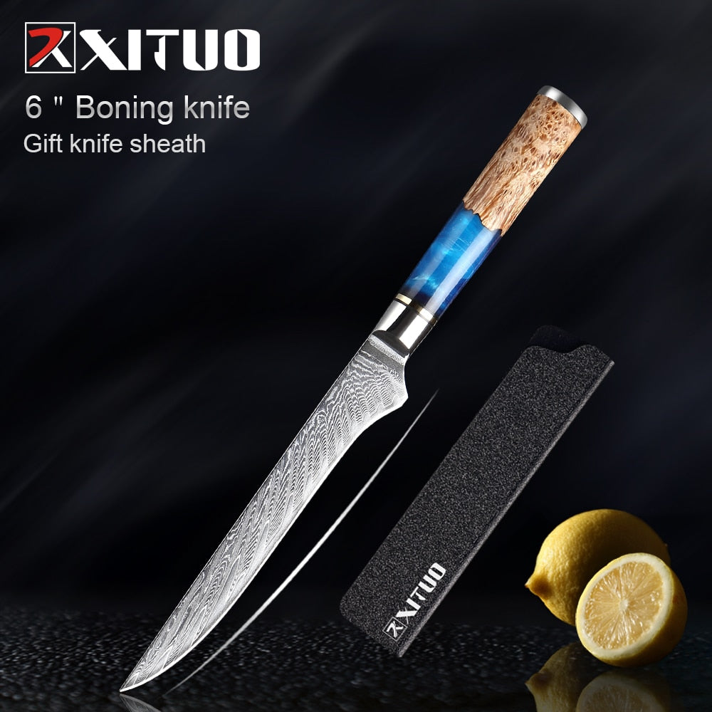 XITUO Kitchen Knives-Set Damascus Steel VG10 Chef Knife Cleaver Paring Bread Knife Blue Resin and Color Wood Handle Cooking Tool