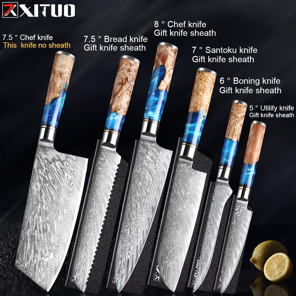 XITUO Kitchen Knives-Set Damascus Steel VG10 Chef Knife Cleaver Paring Bread Knife Blue Resin and Color Wood Handle Cooking Tool