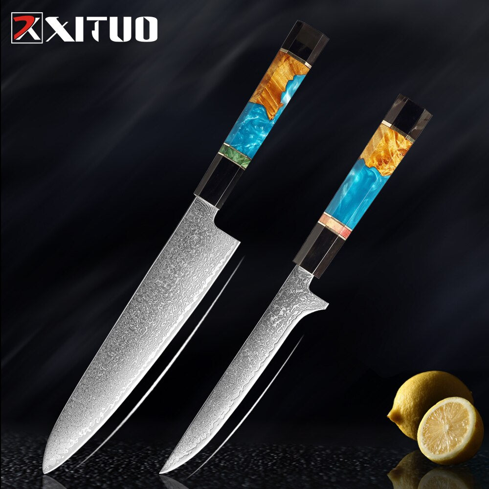 XITUO Damascus Stainless Steel Kitchen Knives Set High Quality Chef Knife Cleaver Paring Knife Stable wood&resin&horn Handle