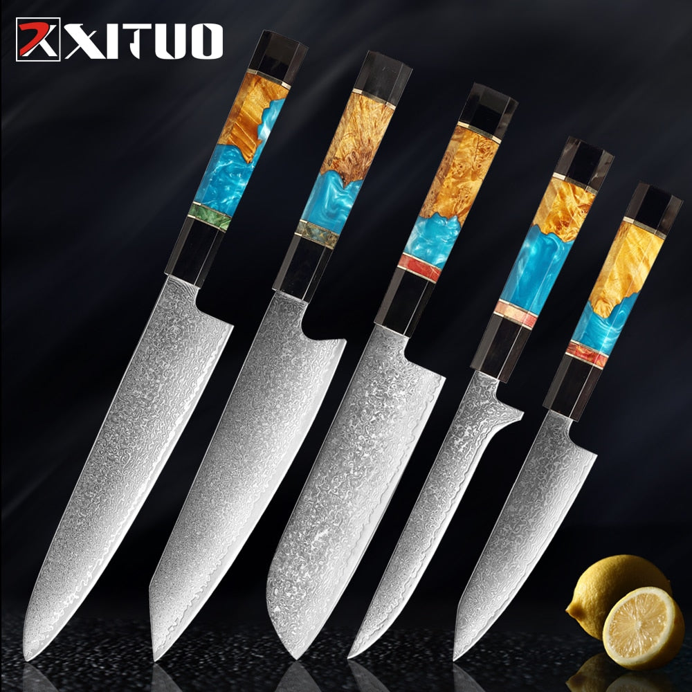 XITUO Damascus Stainless Steel Kitchen Knives Set High Quality Chef Knife Cleaver Paring Knife Stable wood&resin&horn Handle