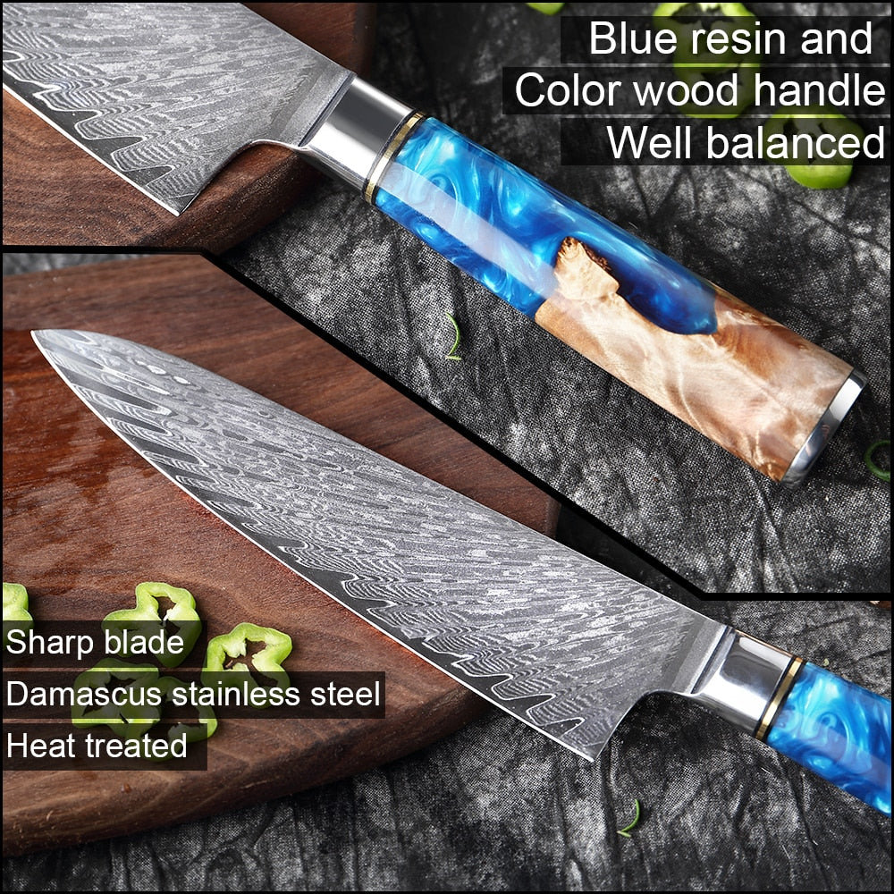 XITUO Kitchen Knives-Set Damascus Steel VG10 Chef Knife Cleaver Paring Bread Knife Blue Resin and Color Wood Handle Cooking Tool