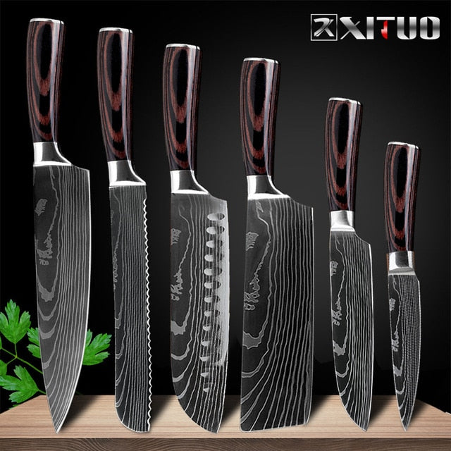 XITUO 8inch japanese kitchen knives Laser Damascus pattern chef knife Sharp Santoku Cleaver Slicing Utility Knives tool EDC