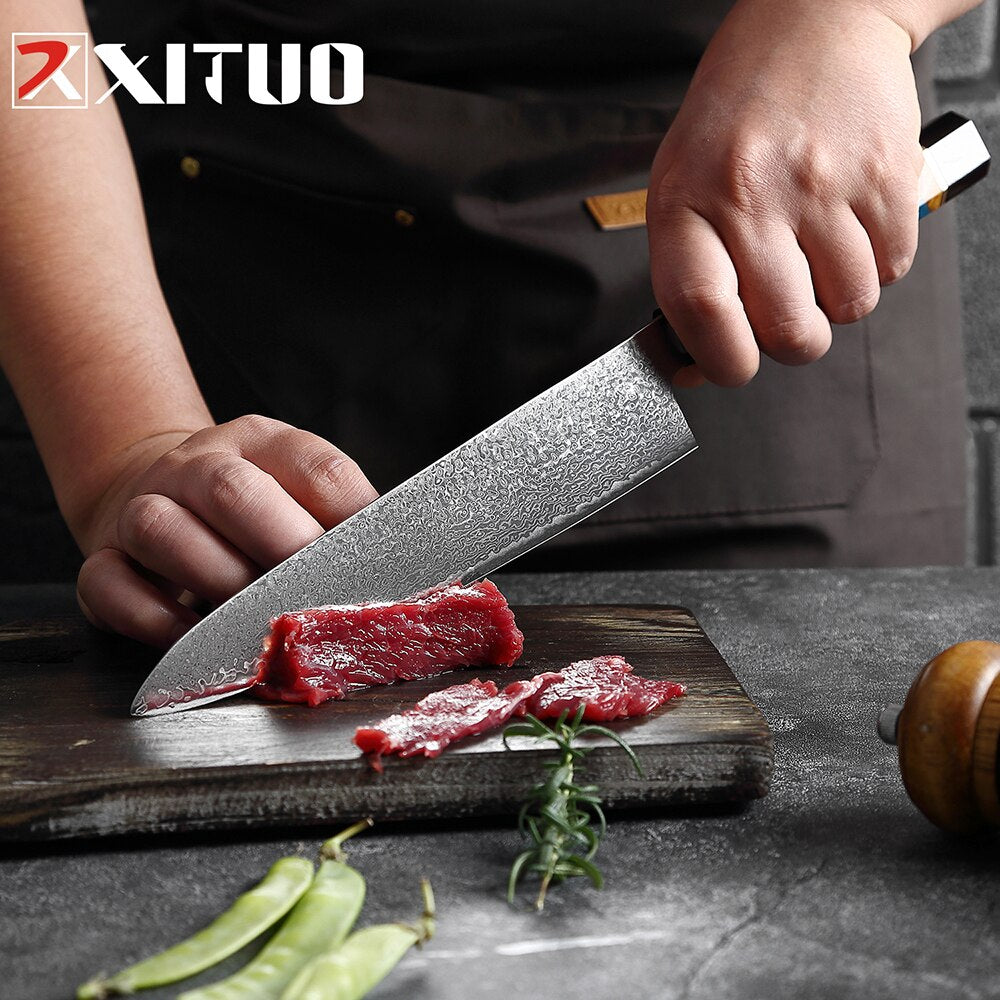 XITUO Damascus Stainless Steel Kitchen Knives Set High Quality Chef Knife Cleaver Paring Knife Stable wood&resin&horn Handle