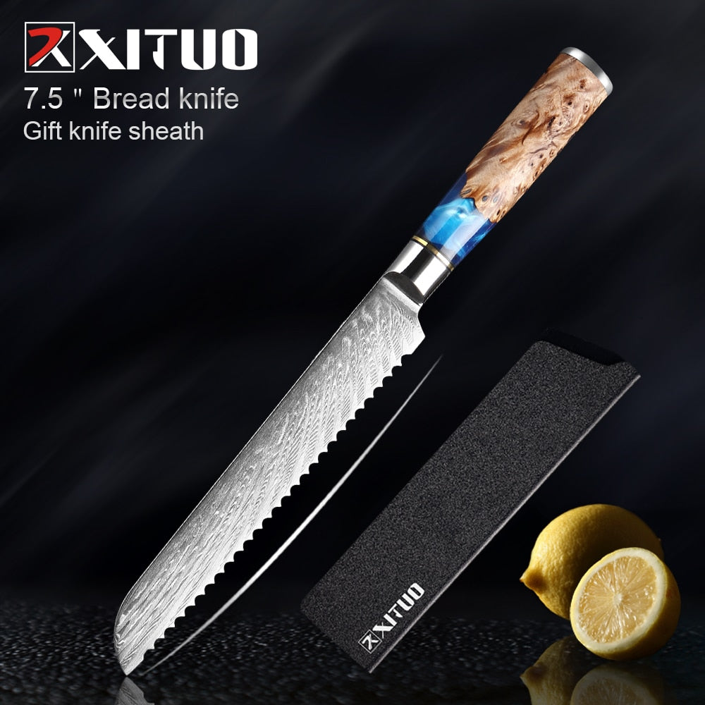 XITUO Kitchen Knives-Set Damascus Steel VG10 Chef Knife Cleaver Paring Bread Knife Blue Resin and Color Wood Handle Cooking Tool