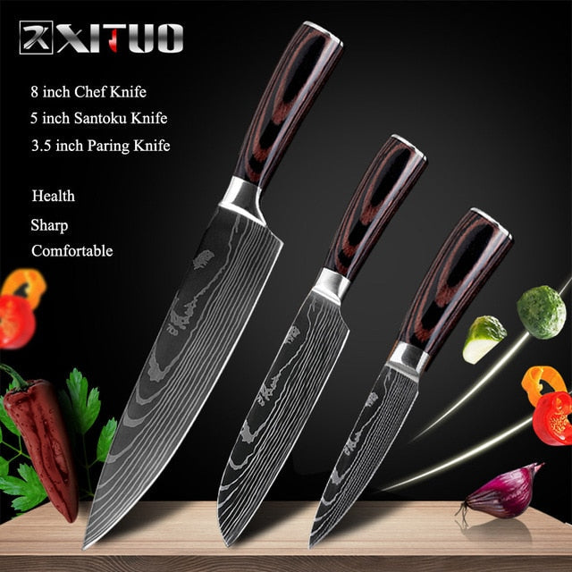 XITUO 8inch japanese kitchen knives Laser Damascus pattern chef knife Sharp Santoku Cleaver Slicing Utility Knives tool EDC