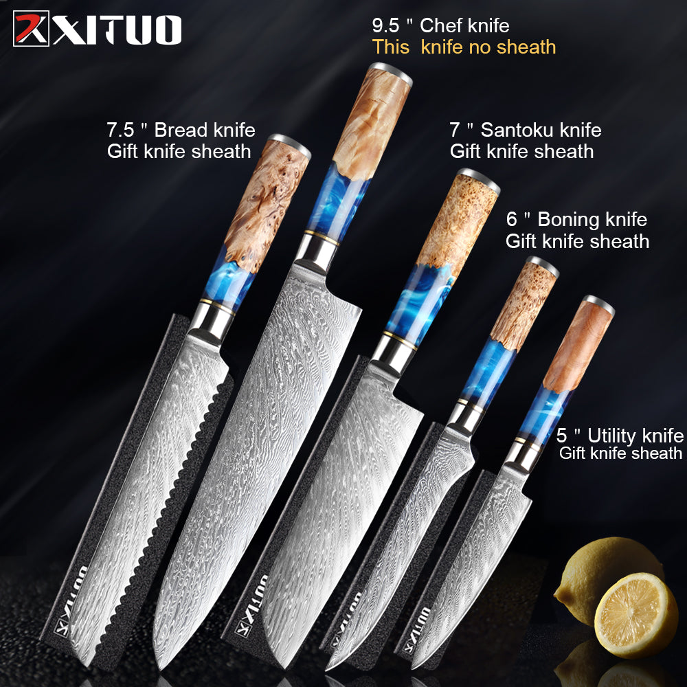 XITUO Kitchen Knives-Set Damascus Steel VG10 Chef Knife Cleaver Paring Bread Knife Blue Resin and Color Wood Handle Cooking Tool