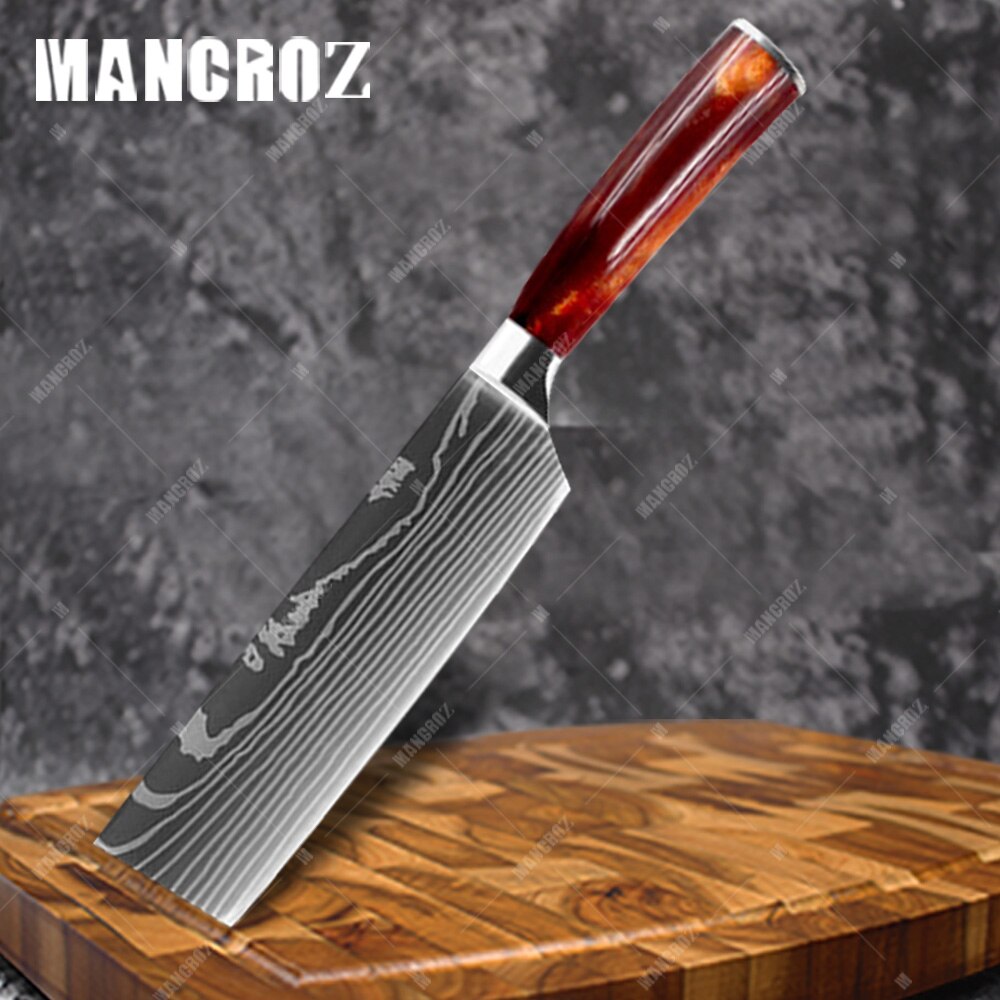 Utility Kitchen Knives Set Resin Handle Laser Damascus Pattern Chef Knife Sharp Santoku Cleaver Slicing Knives