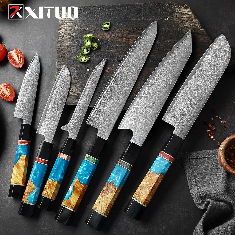 XITUO Damascus Stainless Steel Kitchen Knives Set High Quality Chef Knife Cleaver Paring Knife Stable wood&resin&horn Handle