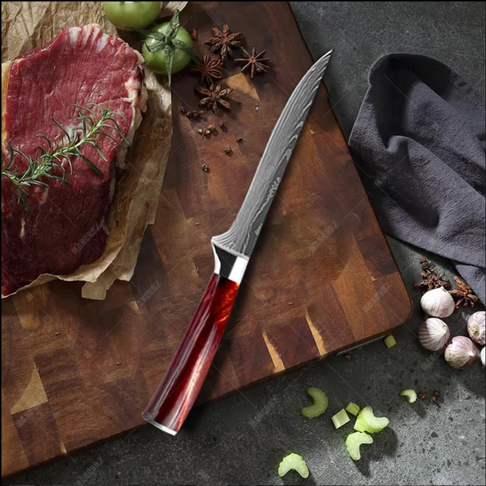 Utility Kitchen Knives Set Resin Handle Laser Damascus Pattern Chef Knife Sharp Santoku Cleaver Slicing Knives