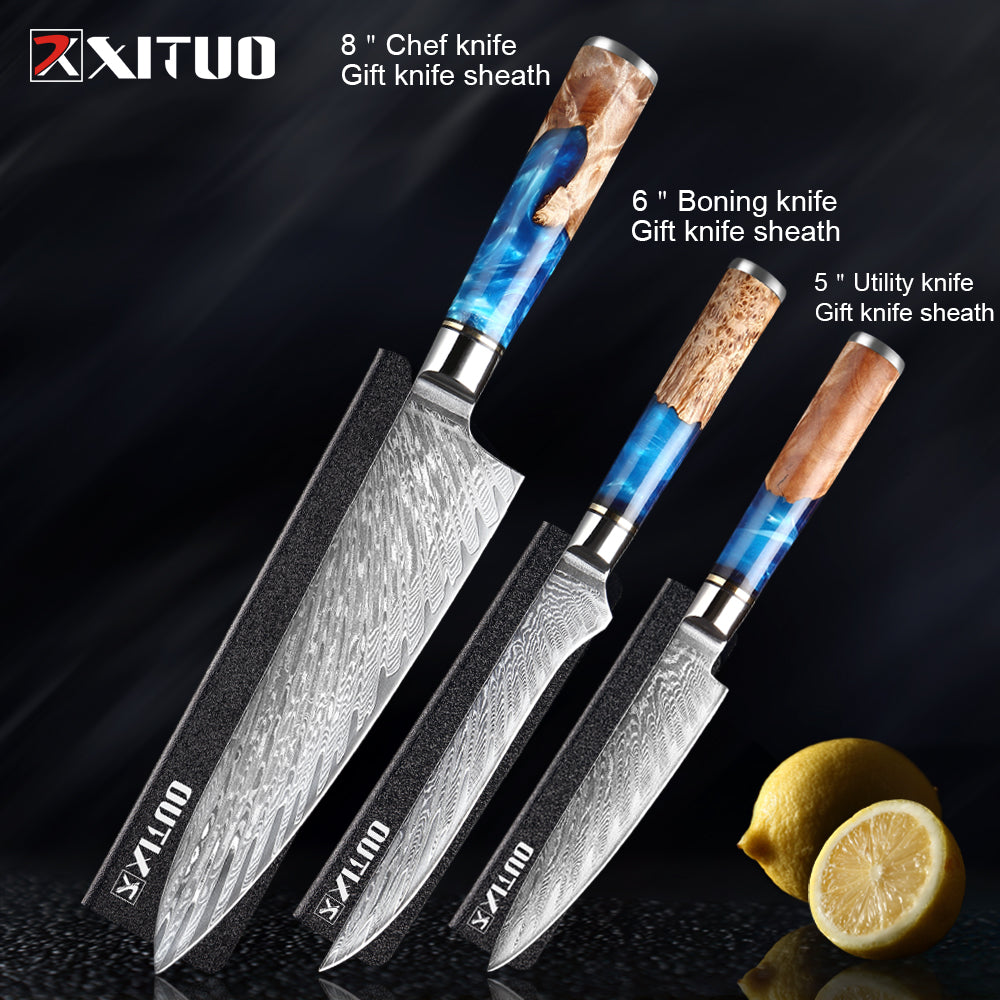 XITUO Kitchen Knives-Set Damascus Steel VG10 Chef Knife Cleaver Paring Bread Knife Blue Resin and Color Wood Handle Cooking Tool