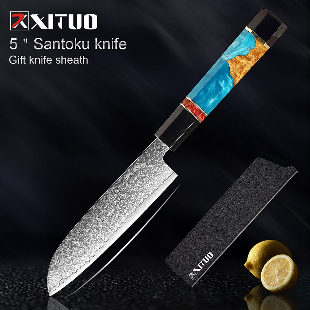 XITUO Damascus Stainless Steel Kitchen Knives Set High Quality Chef Knife Cleaver Paring Knife Stable wood&resin&horn Handle