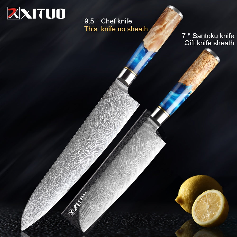 XITUO Kitchen Knives-Set Damascus Steel VG10 Chef Knife Cleaver Paring Bread Knife Blue Resin and Color Wood Handle Cooking Tool