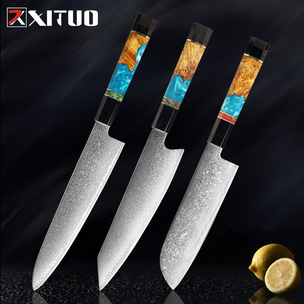 XITUO Damascus Stainless Steel Kitchen Knives Set High Quality Chef Knife Cleaver Paring Knife Stable wood&resin&horn Handle