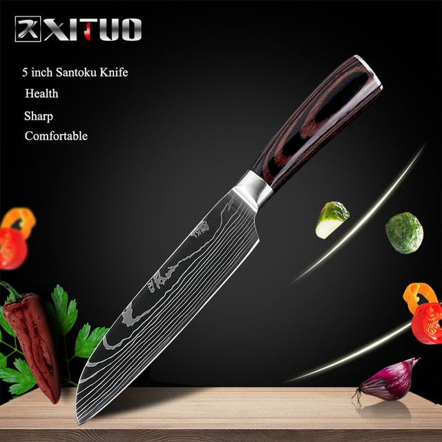 XITUO 8inch japanese kitchen knives Laser Damascus pattern chef knife Sharp Santoku Cleaver Slicing Utility Knives tool EDC