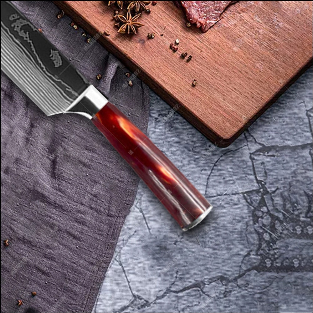 Utility Kitchen Knives Set Resin Handle Laser Damascus Pattern Chef Knife Sharp Santoku Cleaver Slicing Knives