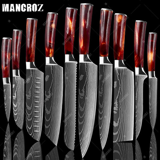 Utility Kitchen Knives Set Resin Handle Laser Damascus Pattern Chef Knife Sharp Santoku Cleaver Slicing Knives