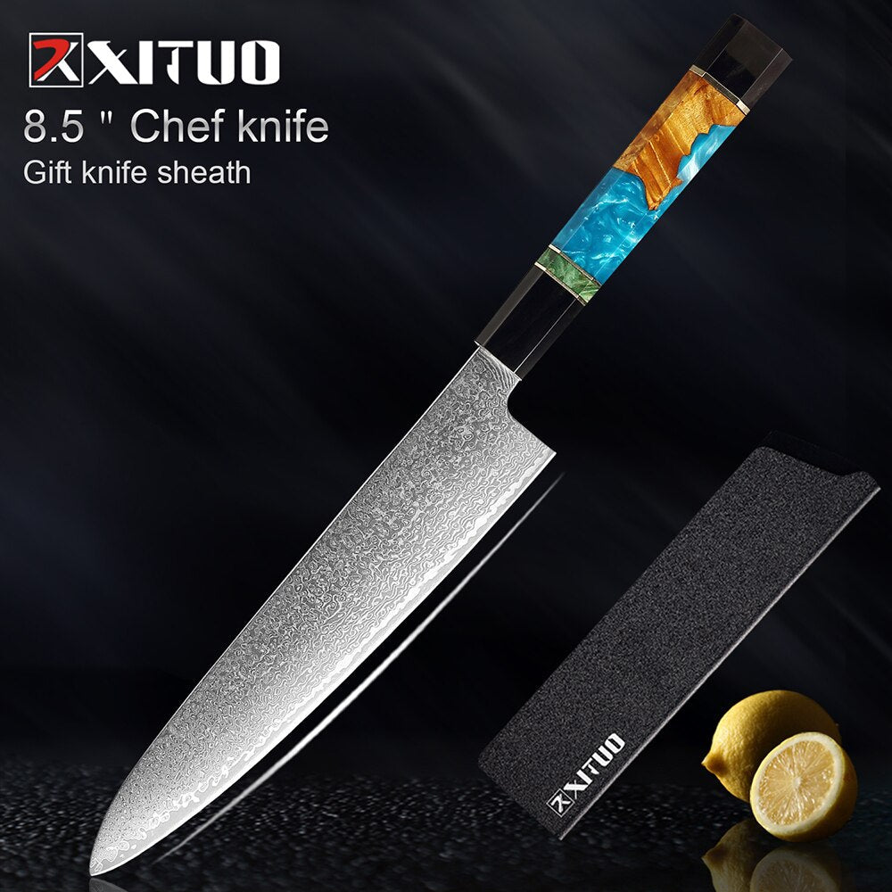 XITUO Damascus Stainless Steel Kitchen Knives Set High Quality Chef Knife Cleaver Paring Knife Stable wood&resin&horn Handle