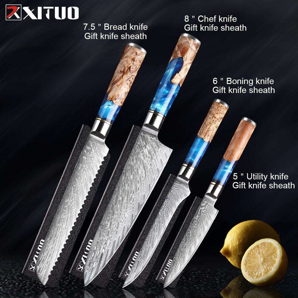 XITUO Kitchen Knives-Set Damascus Steel VG10 Chef Knife Cleaver Paring Bread Knife Blue Resin and Color Wood Handle Cooking Tool