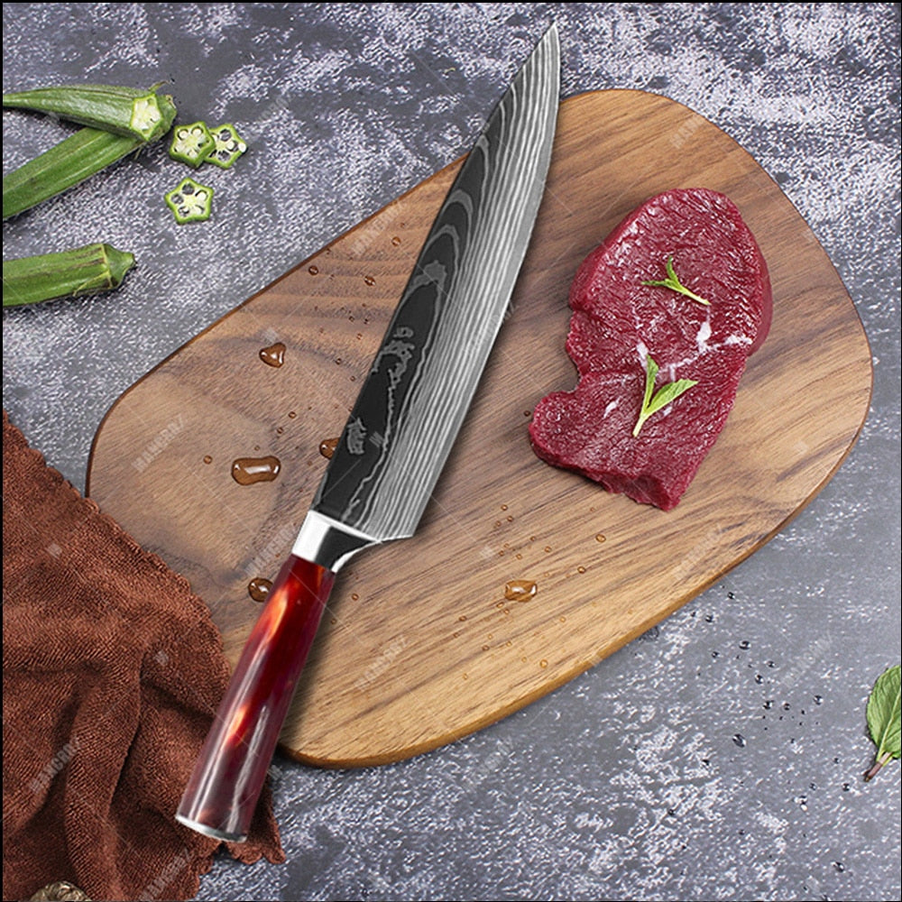 Utility Kitchen Knives Set Resin Handle Laser Damascus Pattern Chef Knife Sharp Santoku Cleaver Slicing Knives