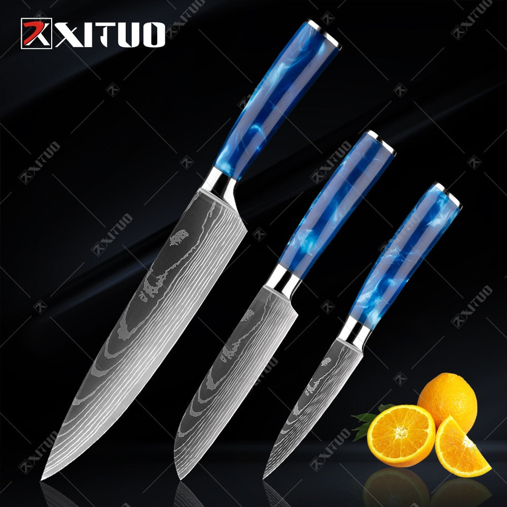 XITUO kitchen knives Set Exquisite blue resin handle Laser Damascus pattern Chef knife Santoku Cleaver Slicing Knives Best Gift