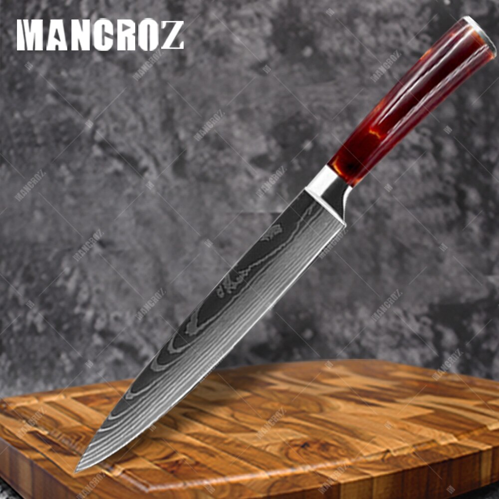 Utility Kitchen Knives Set Resin Handle Laser Damascus Pattern Chef Knife Sharp Santoku Cleaver Slicing Knives