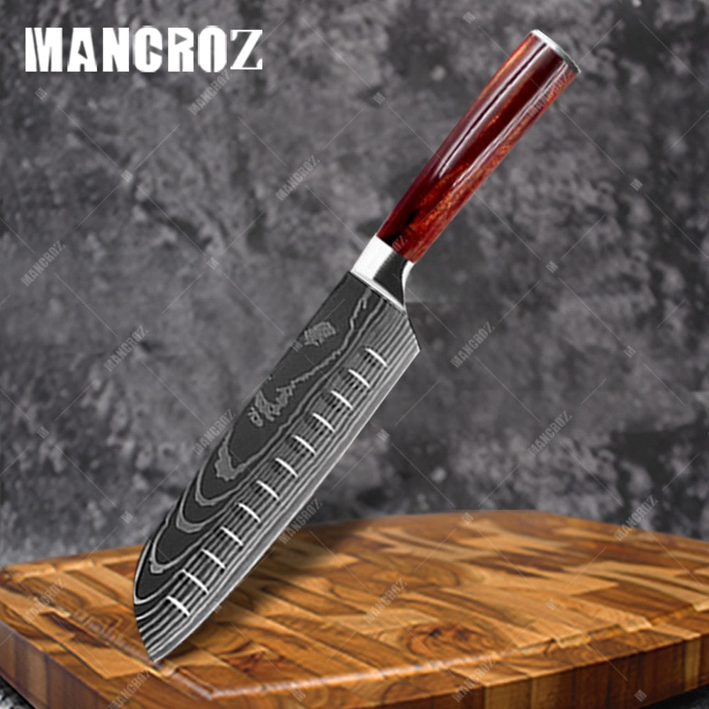 Utility Kitchen Knives Set Resin Handle Laser Damascus Pattern Chef Knife Sharp Santoku Cleaver Slicing Knives