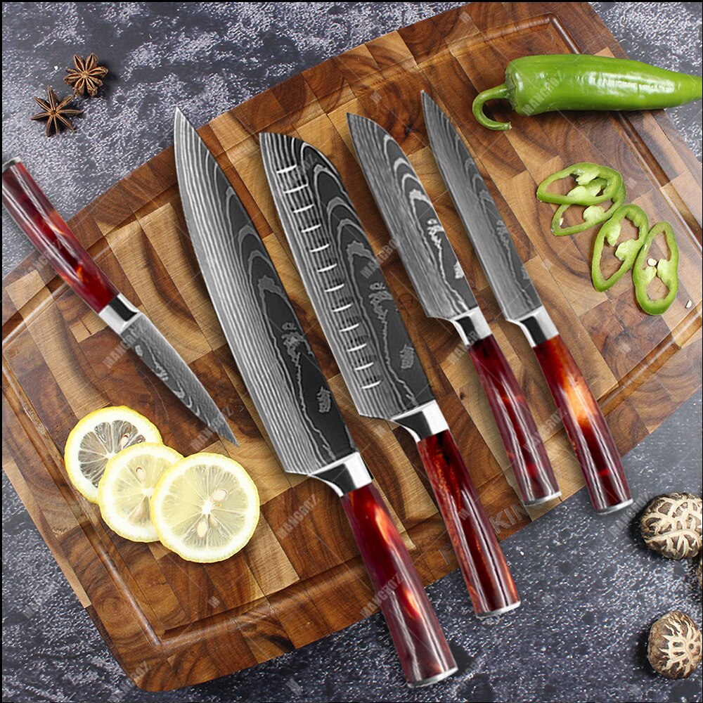 Utility Kitchen Knives Set Resin Handle Laser Damascus Pattern Chef Knife Sharp Santoku Cleaver Slicing Knives