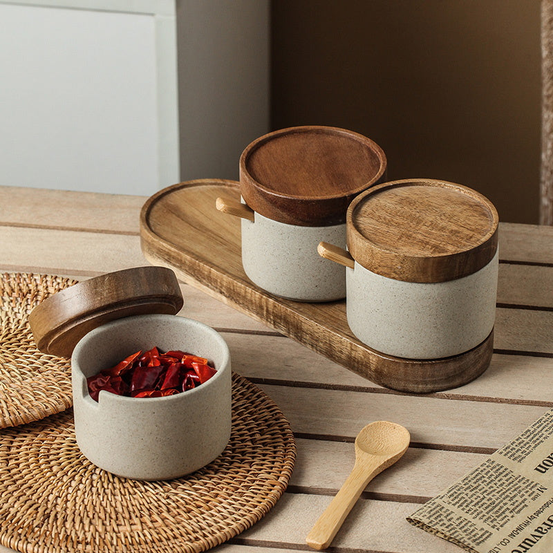 Japanese Kitchen Ceramic Seasoning Pot Condiment Box Set