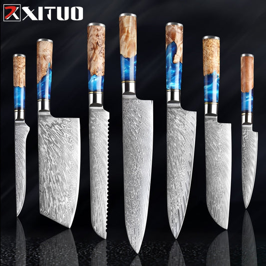 XITUO Kitchen Knives-Set Damascus Steel VG10 Chef Knife Cleaver Paring Bread Knife Blue Resin and Color Wood Handle Cooking Tool