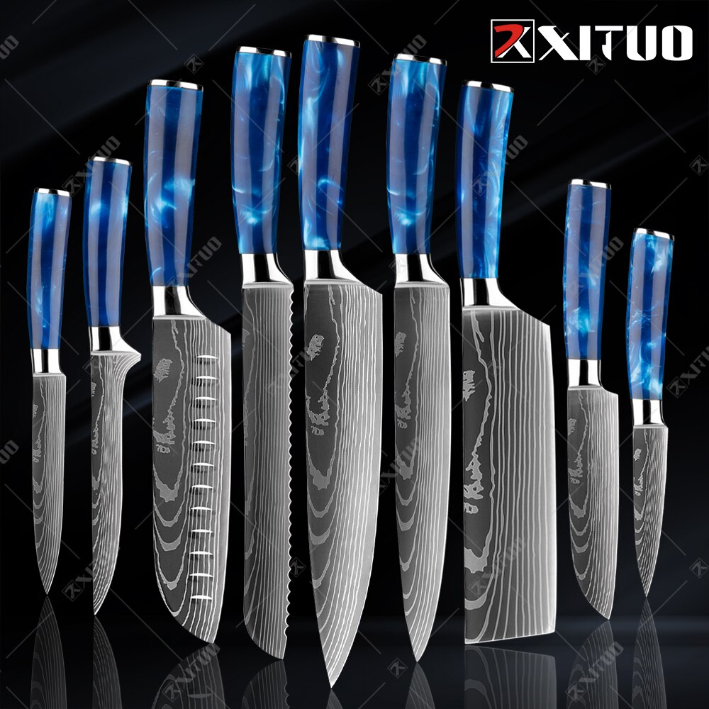 XITUO kitchen knives Set Exquisite blue resin handle Laser Damascus pattern Chef knife Santoku Cleaver Slicing Knives Best Gift