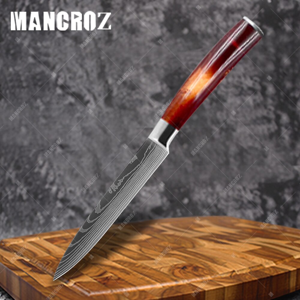 Utility Kitchen Knives Set Resin Handle Laser Damascus Pattern Chef Knife Sharp Santoku Cleaver Slicing Knives