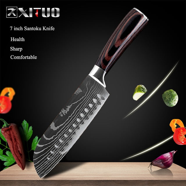 XITUO 8inch japanese kitchen knives Laser Damascus pattern chef knife Sharp Santoku Cleaver Slicing Utility Knives tool EDC