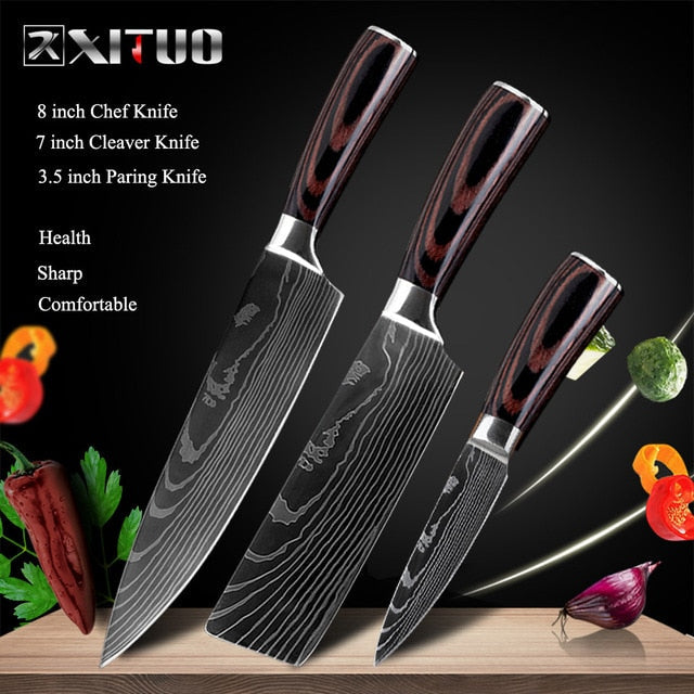 XITUO 8inch japanese kitchen knives Laser Damascus pattern chef knife Sharp Santoku Cleaver Slicing Utility Knives tool EDC