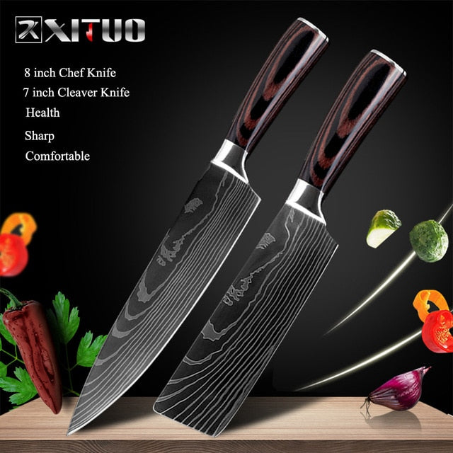 XITUO 8inch japanese kitchen knives Laser Damascus pattern chef knife Sharp Santoku Cleaver Slicing Utility Knives tool EDC