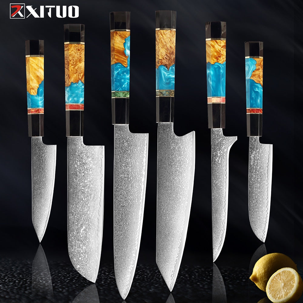 XITUO Damascus Stainless Steel Kitchen Knives Set High Quality Chef Knife Cleaver Paring Knife Stable wood&resin&horn Handle