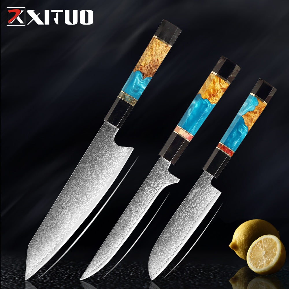 XITUO Damascus Stainless Steel Kitchen Knives Set High Quality Chef Knife Cleaver Paring Knife Stable wood&resin&horn Handle