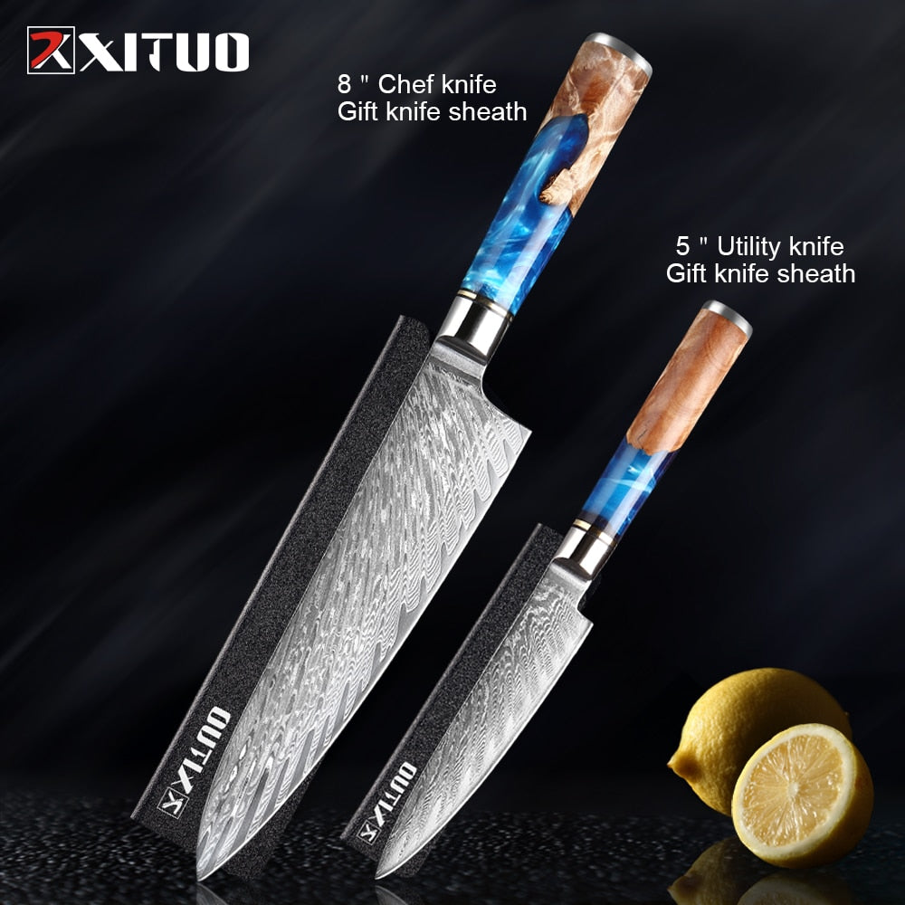 XITUO Kitchen Knives-Set Damascus Steel VG10 Chef Knife Cleaver Paring Bread Knife Blue Resin and Color Wood Handle Cooking Tool