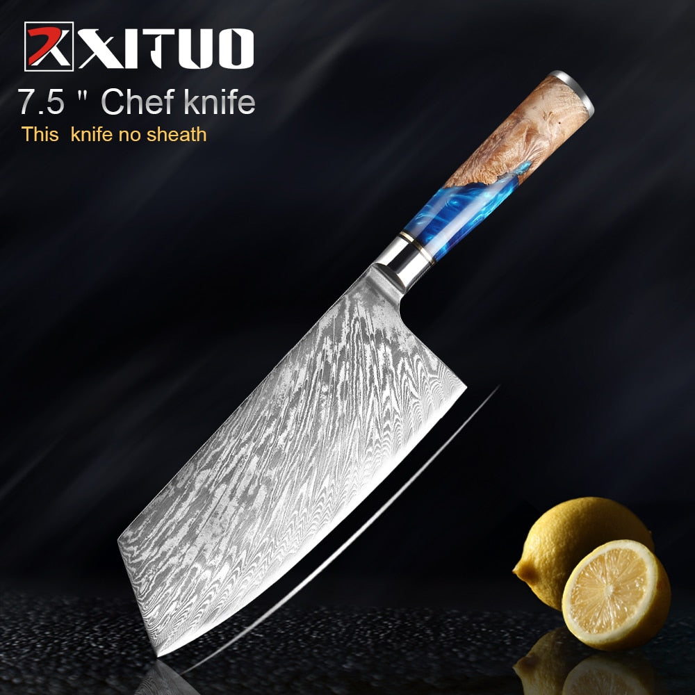 XITUO Kitchen Knives-Set Damascus Steel VG10 Chef Knife Cleaver Paring Bread Knife Blue Resin and Color Wood Handle Cooking Tool