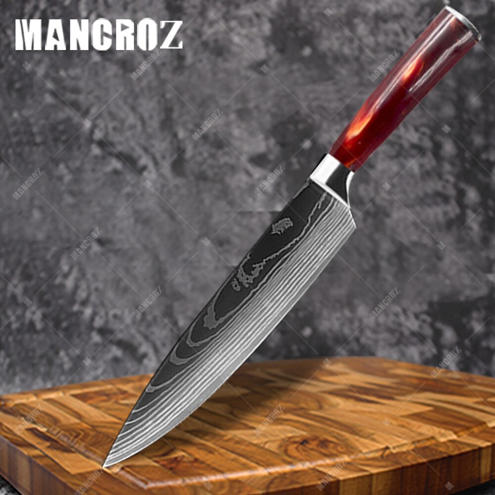 Utility Kitchen Knives Set Resin Handle Laser Damascus Pattern Chef Knife Sharp Santoku Cleaver Slicing Knives