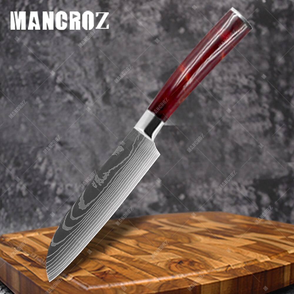 Utility Kitchen Knives Set Resin Handle Laser Damascus Pattern Chef Knife Sharp Santoku Cleaver Slicing Knives