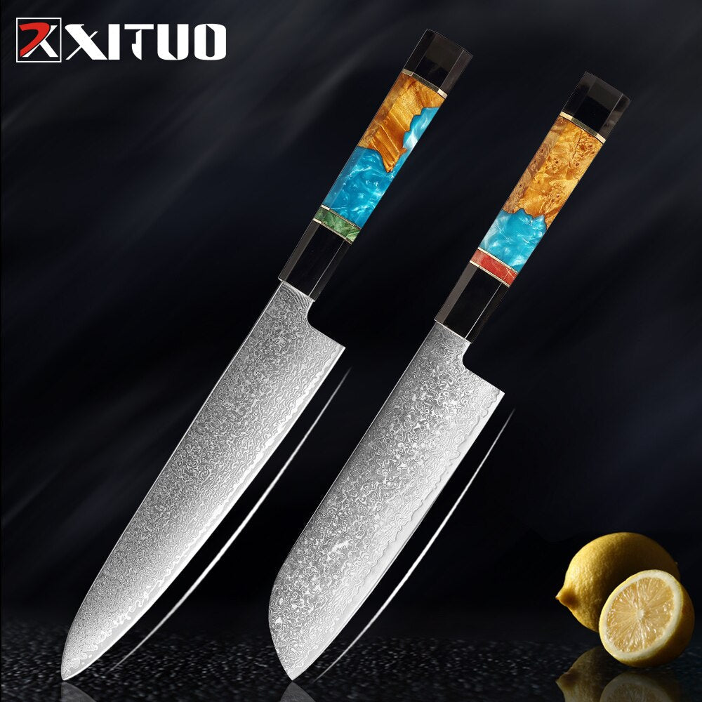 XITUO Damascus Stainless Steel Kitchen Knives Set High Quality Chef Knife Cleaver Paring Knife Stable wood&resin&horn Handle