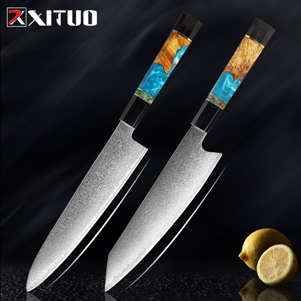 XITUO Damascus Stainless Steel Kitchen Knives Set High Quality Chef Knife Cleaver Paring Knife Stable wood&resin&horn Handle