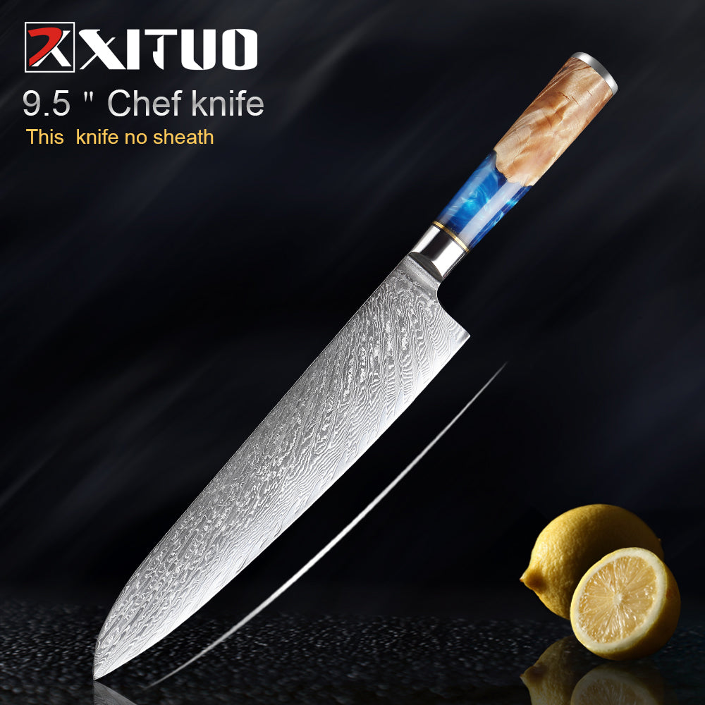 XITUO Kitchen Knives-Set Damascus Steel VG10 Chef Knife Cleaver Paring Bread Knife Blue Resin and Color Wood Handle Cooking Tool