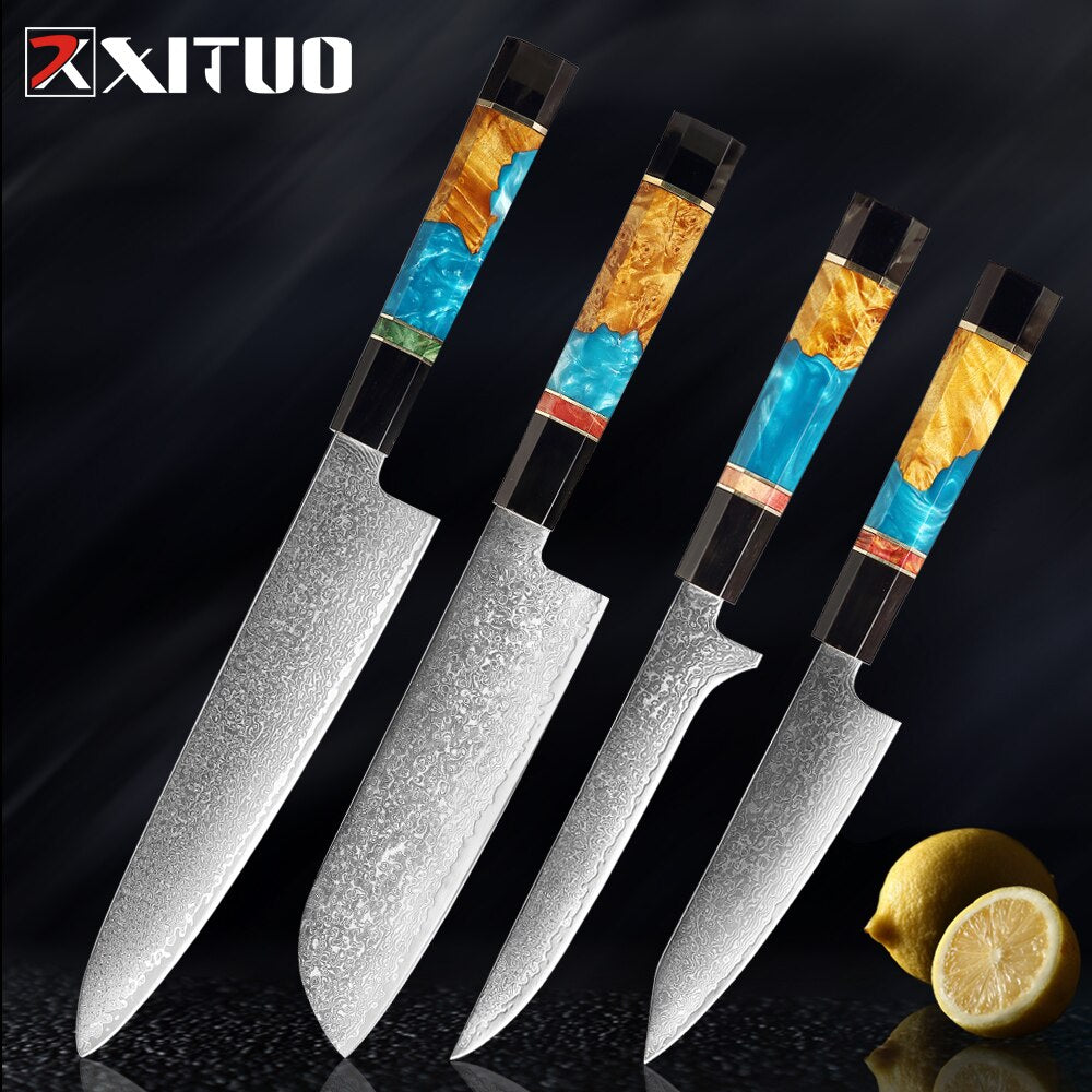 XITUO Damascus Stainless Steel Kitchen Knives Set High Quality Chef Knife Cleaver Paring Knife Stable wood&resin&horn Handle